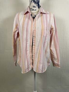 L.L. Bean Women's 100% Cotton Pink and Orange Striped Button Down Shirt Sz MP